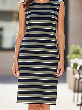 Banana Republic Sleeveless Dress Blue Green Horizontal Stripe Sheath Midi Sz 10